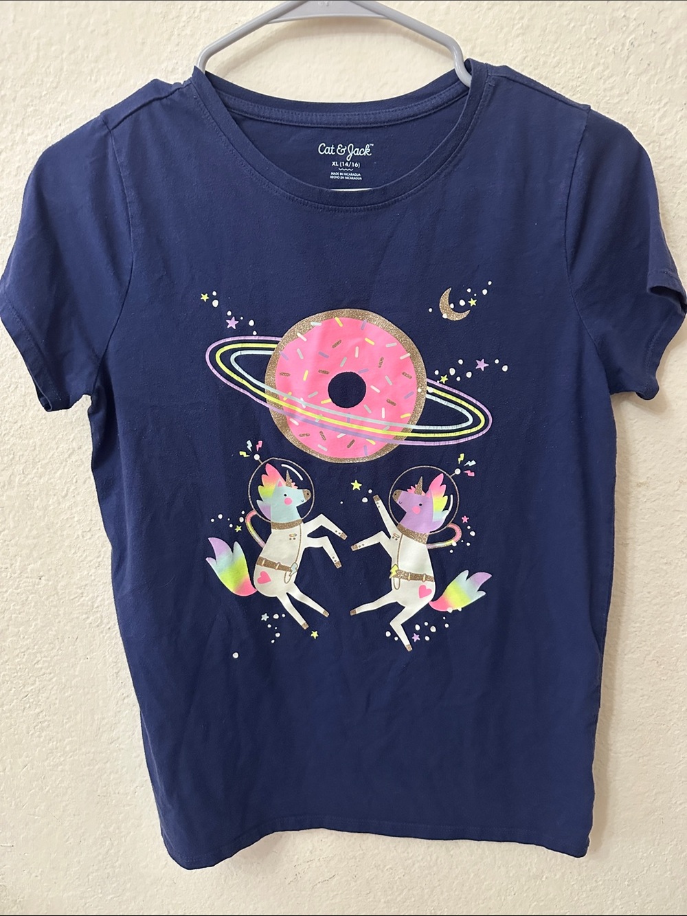 Cat & Jack Navy Short-Sleeve Tee with Pink Donut Planet & Rainbow Unicorns